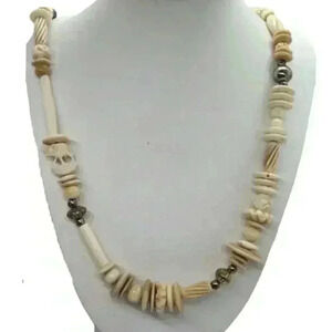 Vintage Hand Carved Elephant Necklace Bovine Bone Lucite Silver Beads Roses